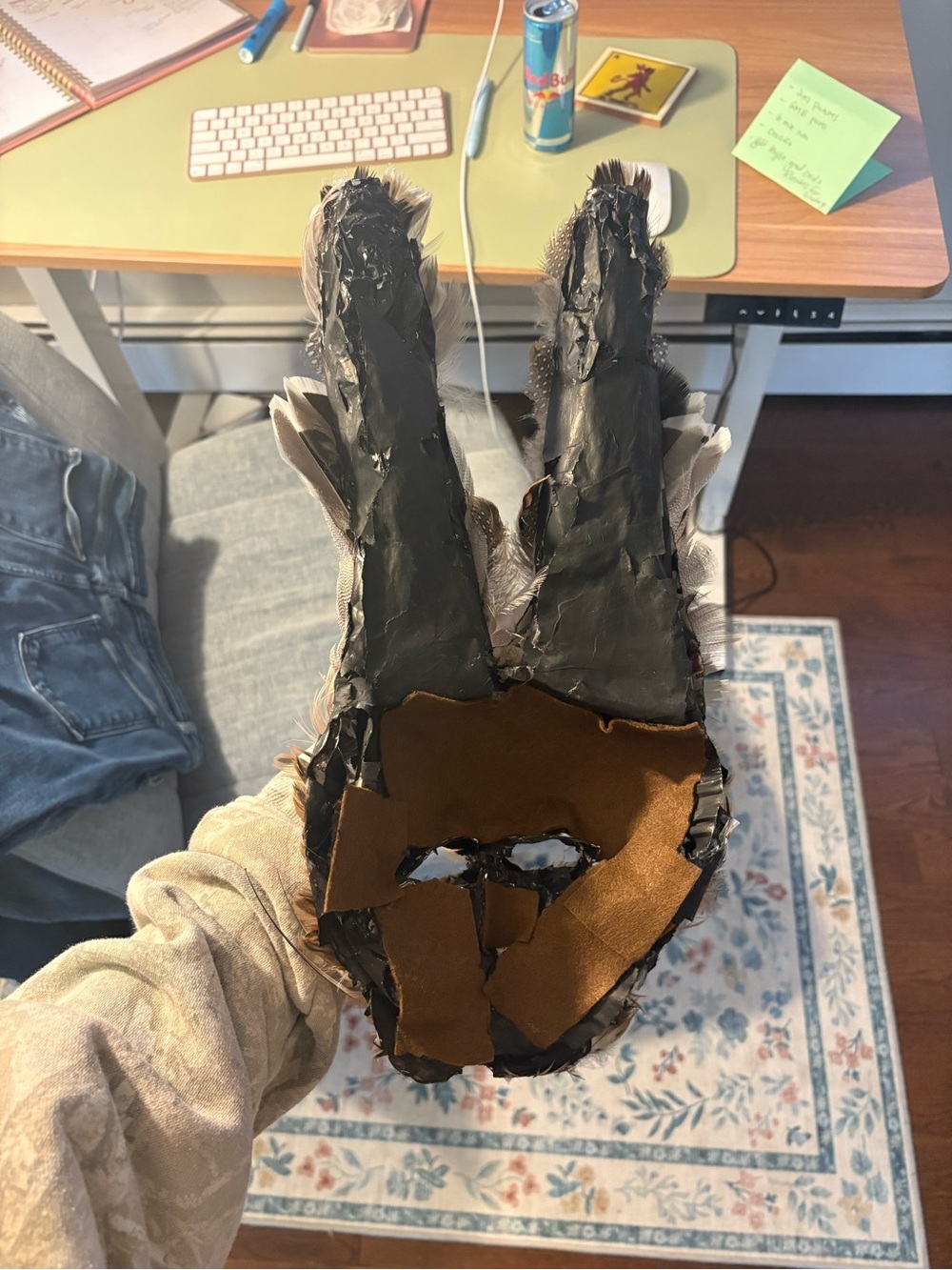 Handmade Feather Carnival Mask in Natural Browns and Grays - Picture 3 of 4